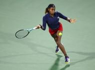 Coco Gauff hits a forehand at the 2024 Dubai Tennis Championships